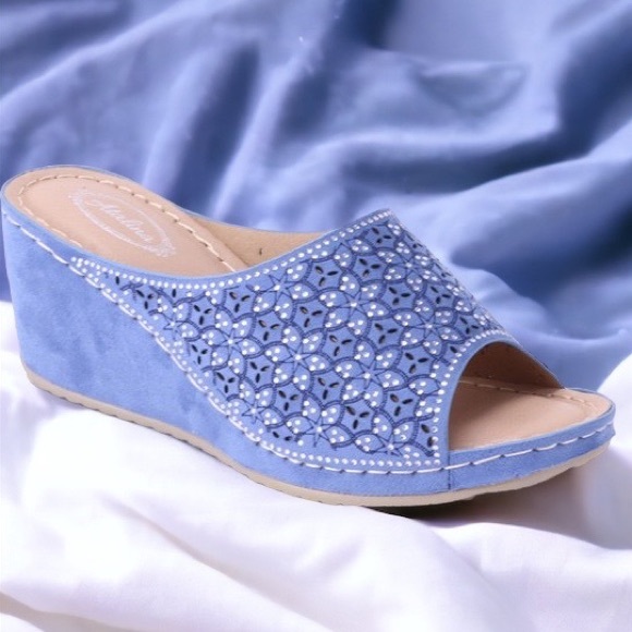 Italina Coastal Blue Slide In Wedge Heeled Comfort Mule - Picture 8 of 8